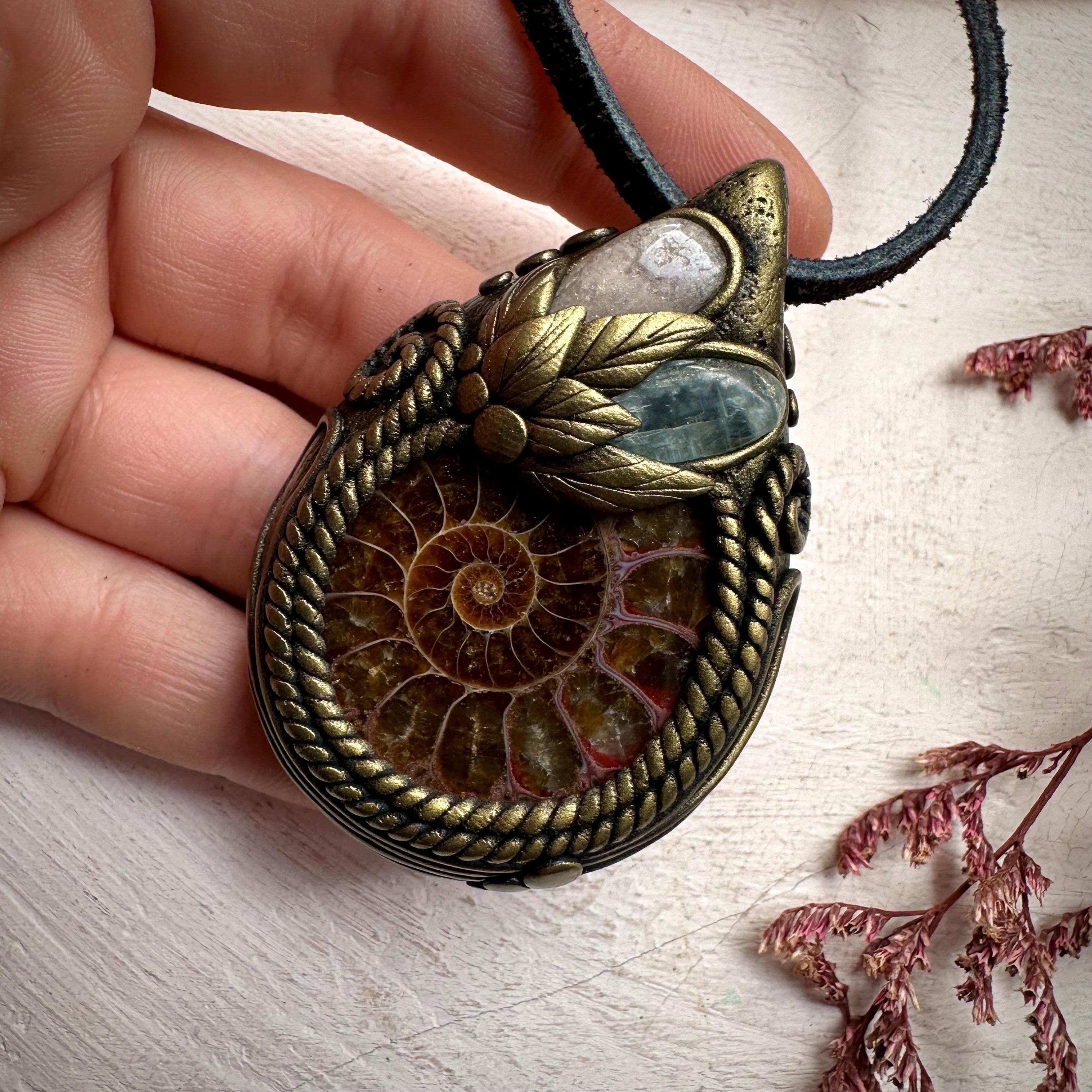 Ammonite Green Kyanite and Morganite Necklace - FairyGardenGlow