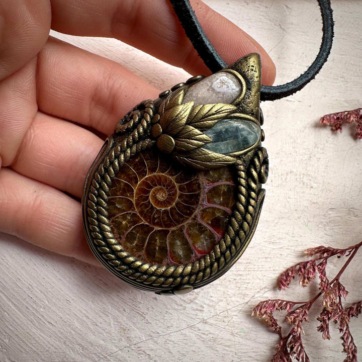 Ammonite Green Kyanite and Morganite Necklace - FairyGardenGlow