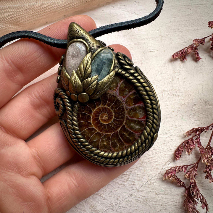 Ammonite Green Kyanite and Morganite Necklace - FairyGardenGlow