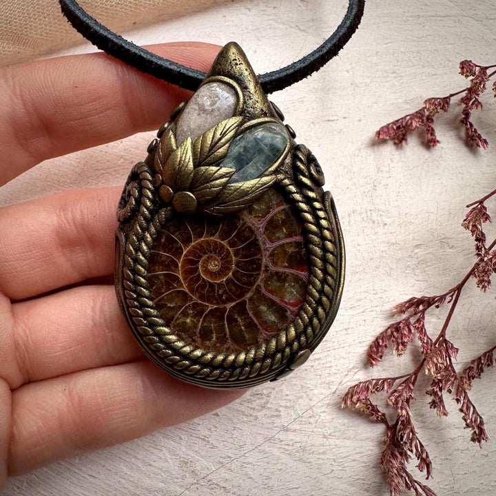 Ammonite Green Kyanite and Morganite Necklace - FairyGardenGlow