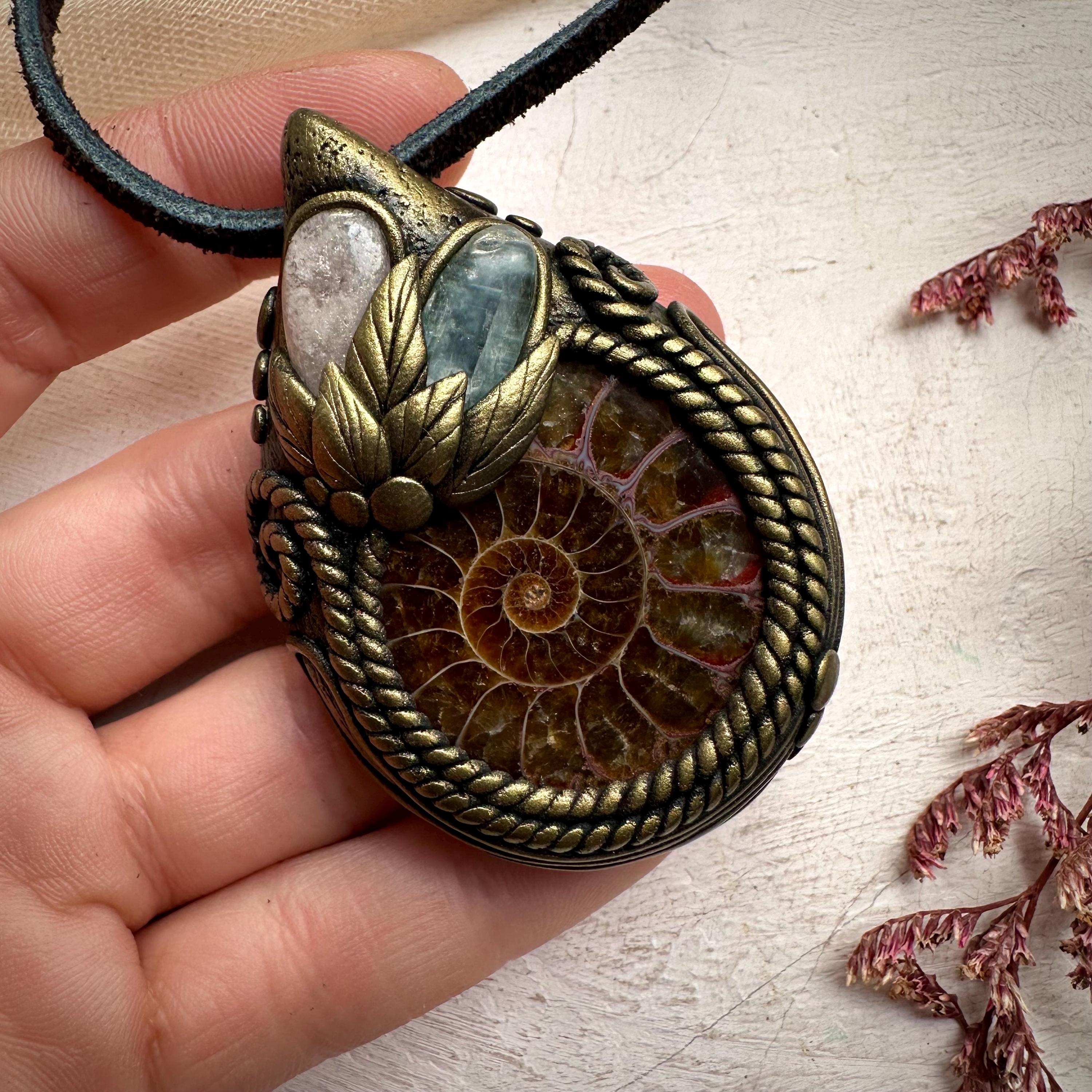 Ammonite Green Kyanite and Morganite Necklace - FairyGardenGlow