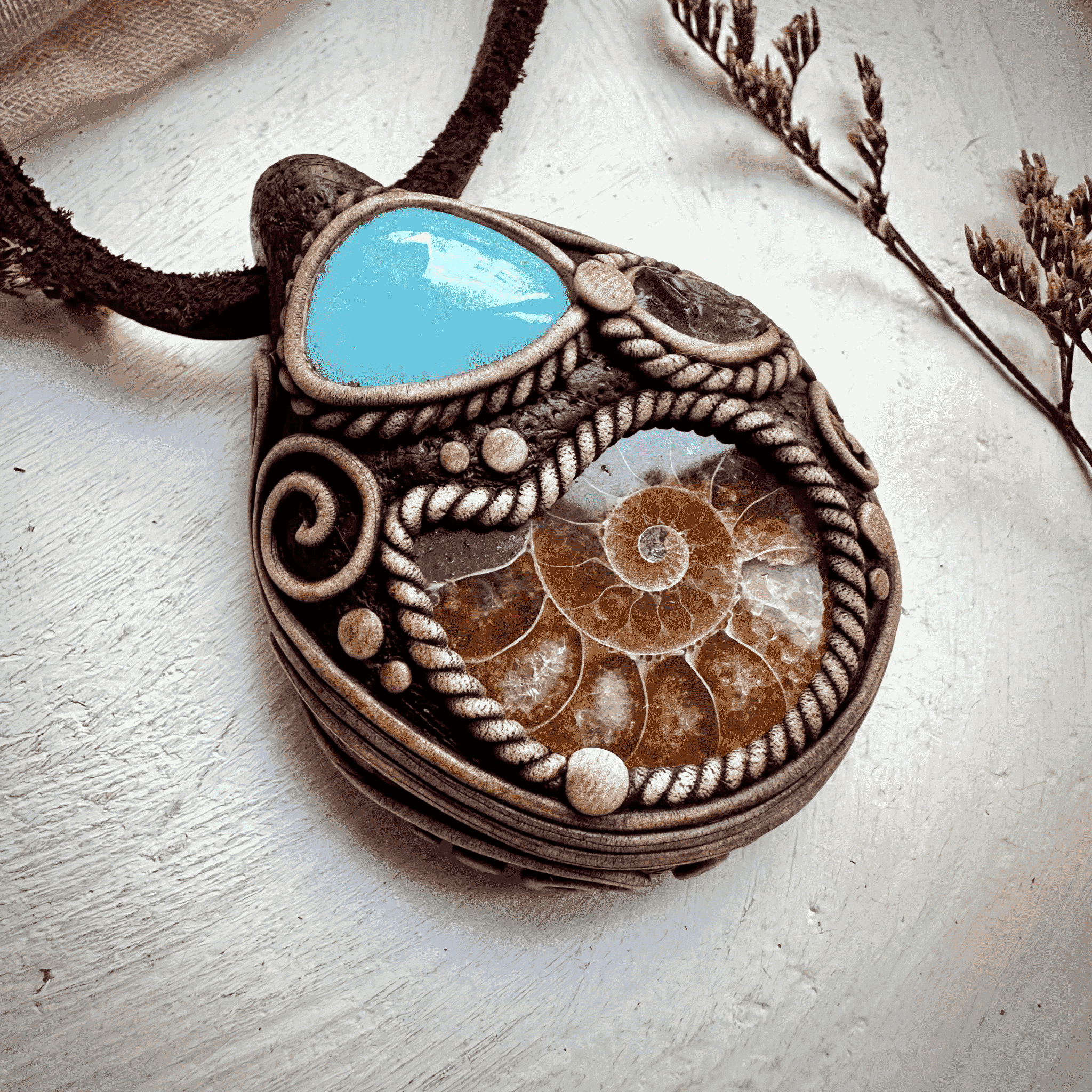 Ammonite Larimar and Raw Iolite Necklace - FairyGardenGlow