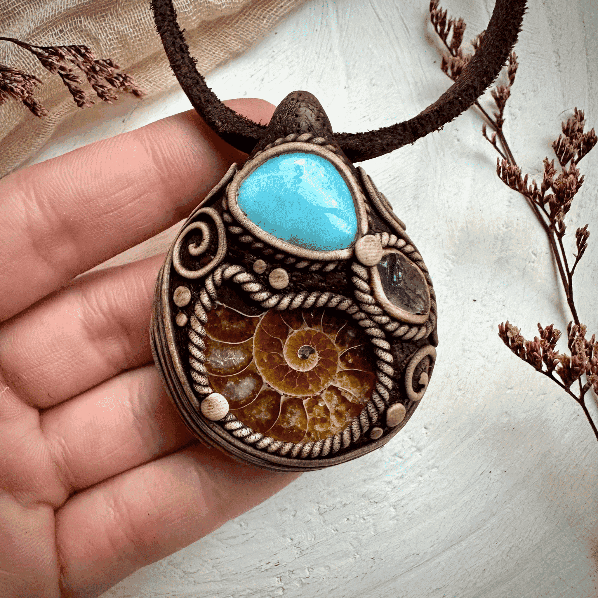 Ammonite Larimar and Raw Iolite Necklace - FairyGardenGlow