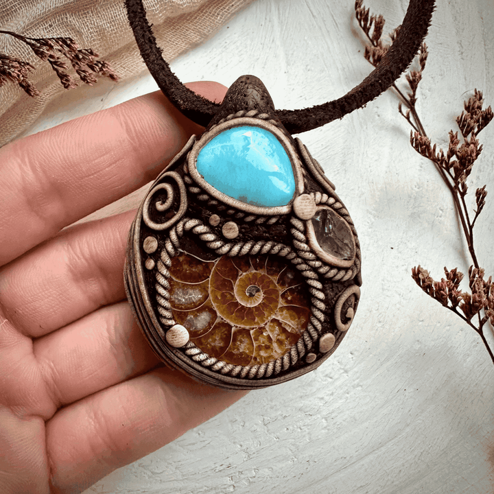 Ammonite Larimar and Raw Iolite Necklace - FairyGardenGlow