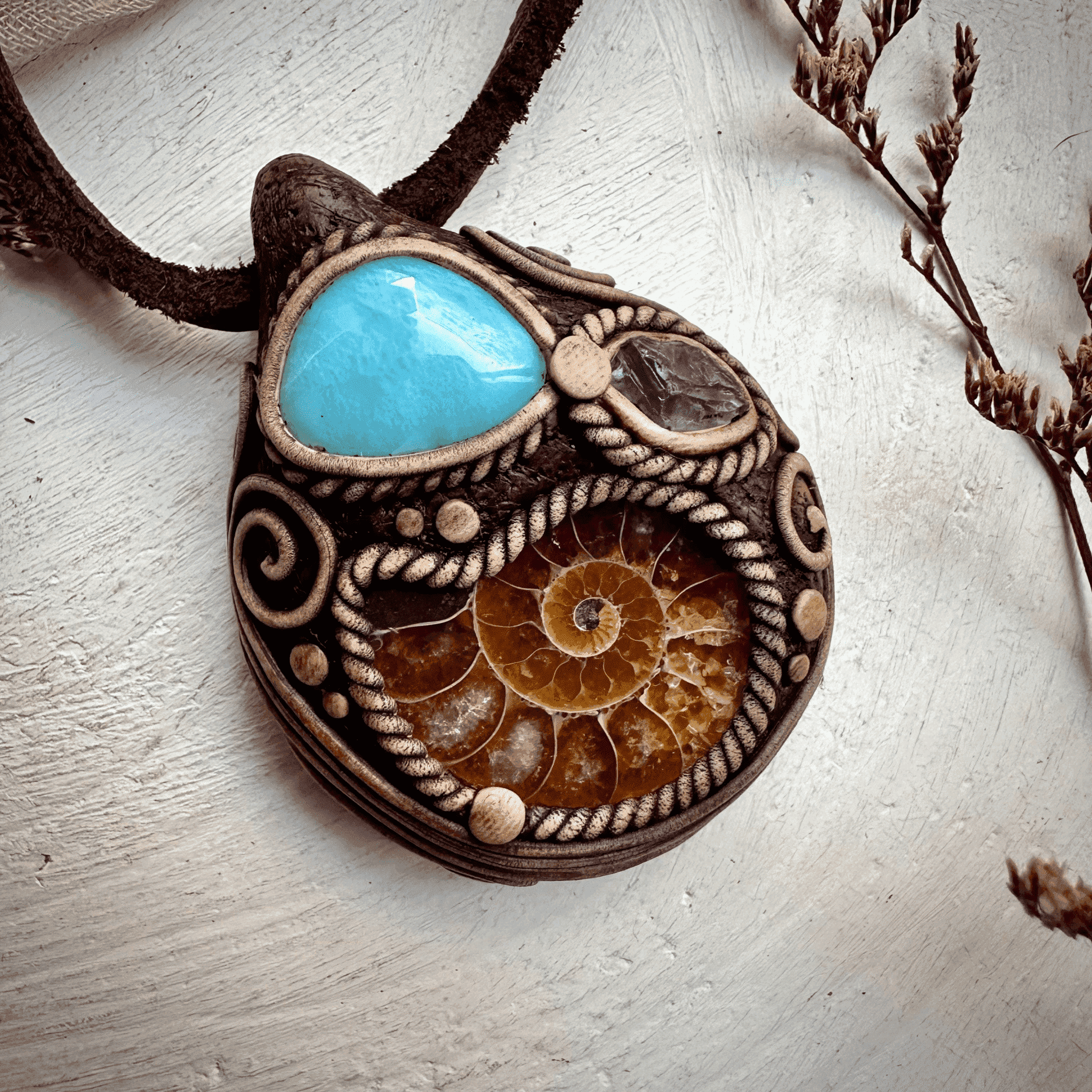 Ammonite Larimar and Raw Iolite Necklace - FairyGardenGlow