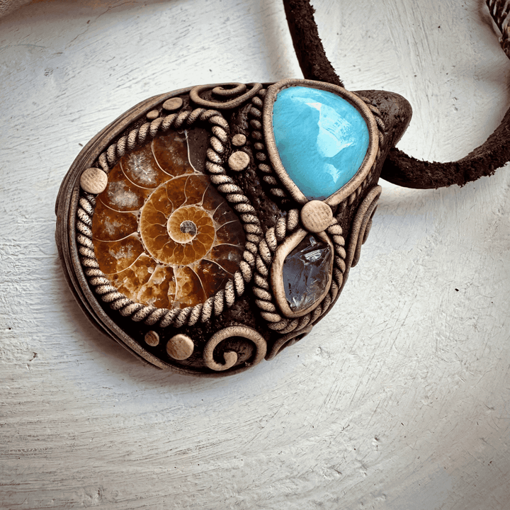 Ammonite Larimar and Raw Iolite Necklace - FairyGardenGlow