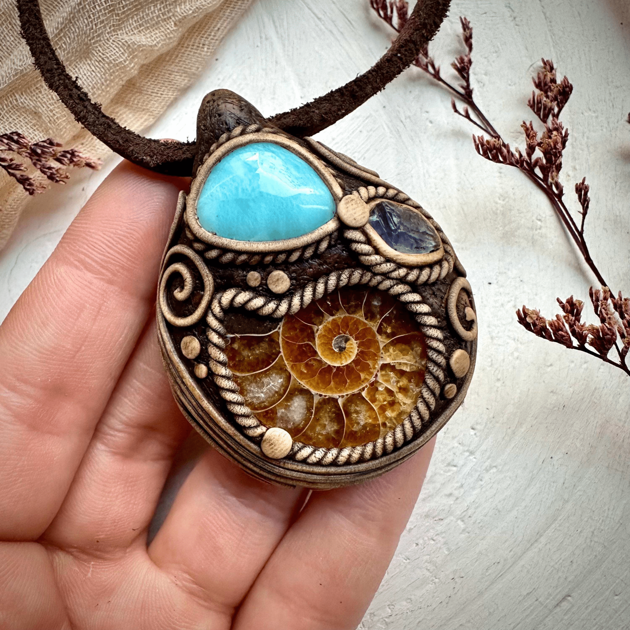 Ammonite Larimar and Raw Iolite Necklace - FairyGardenGlow