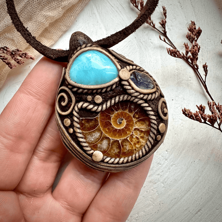 Ammonite Larimar and Raw Iolite Necklace - FairyGardenGlow