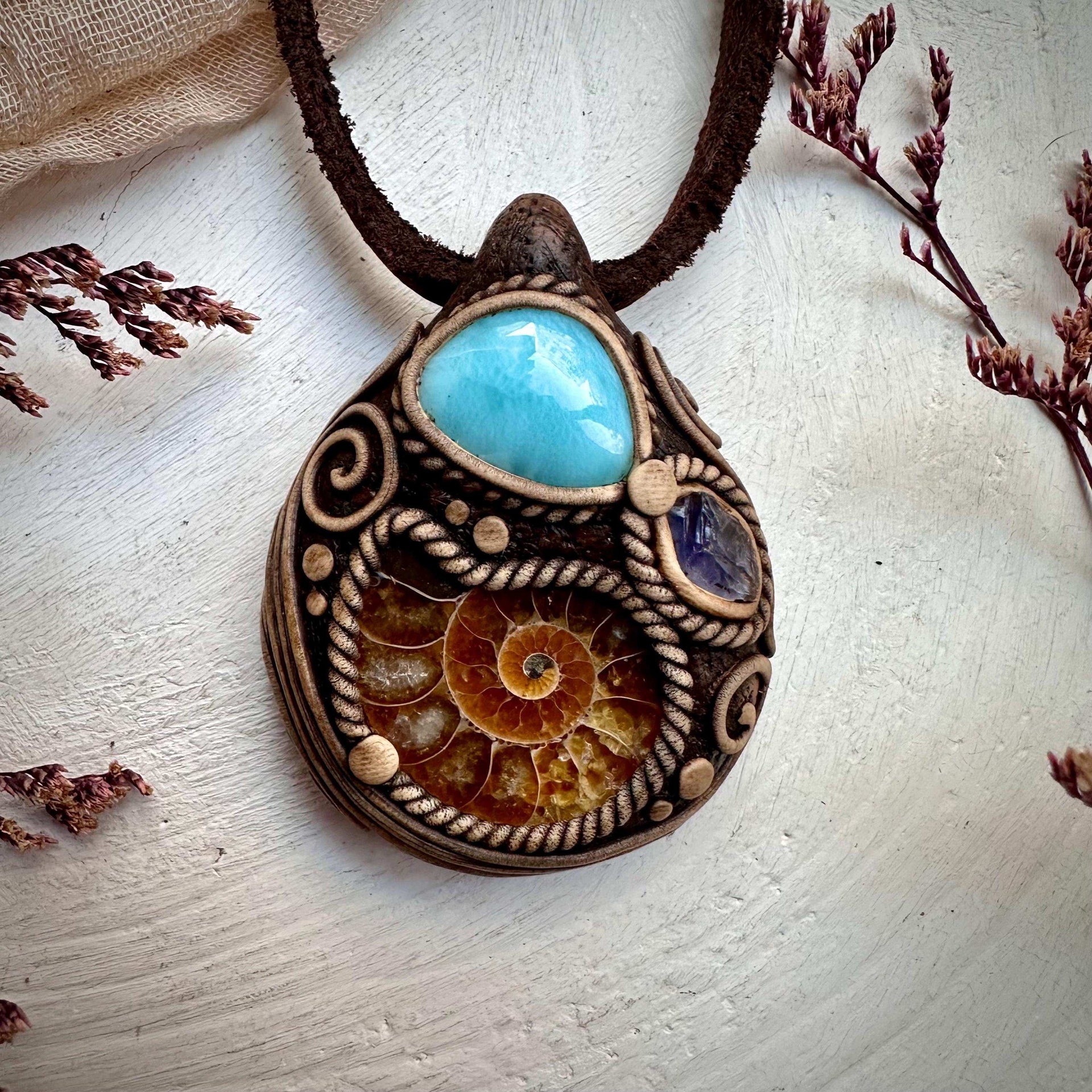 Ammonite Larimar and Raw Iolite Necklace - FairyGardenGlow