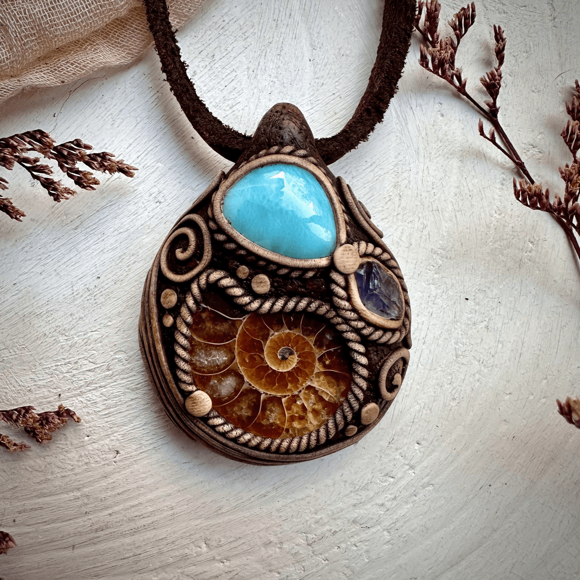 Ammonite Larimar and Raw Iolite Necklace - FairyGardenGlow