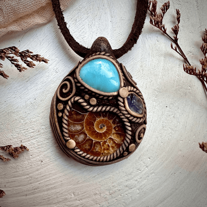 Ammonite Larimar and Raw Iolite Necklace - FairyGardenGlow