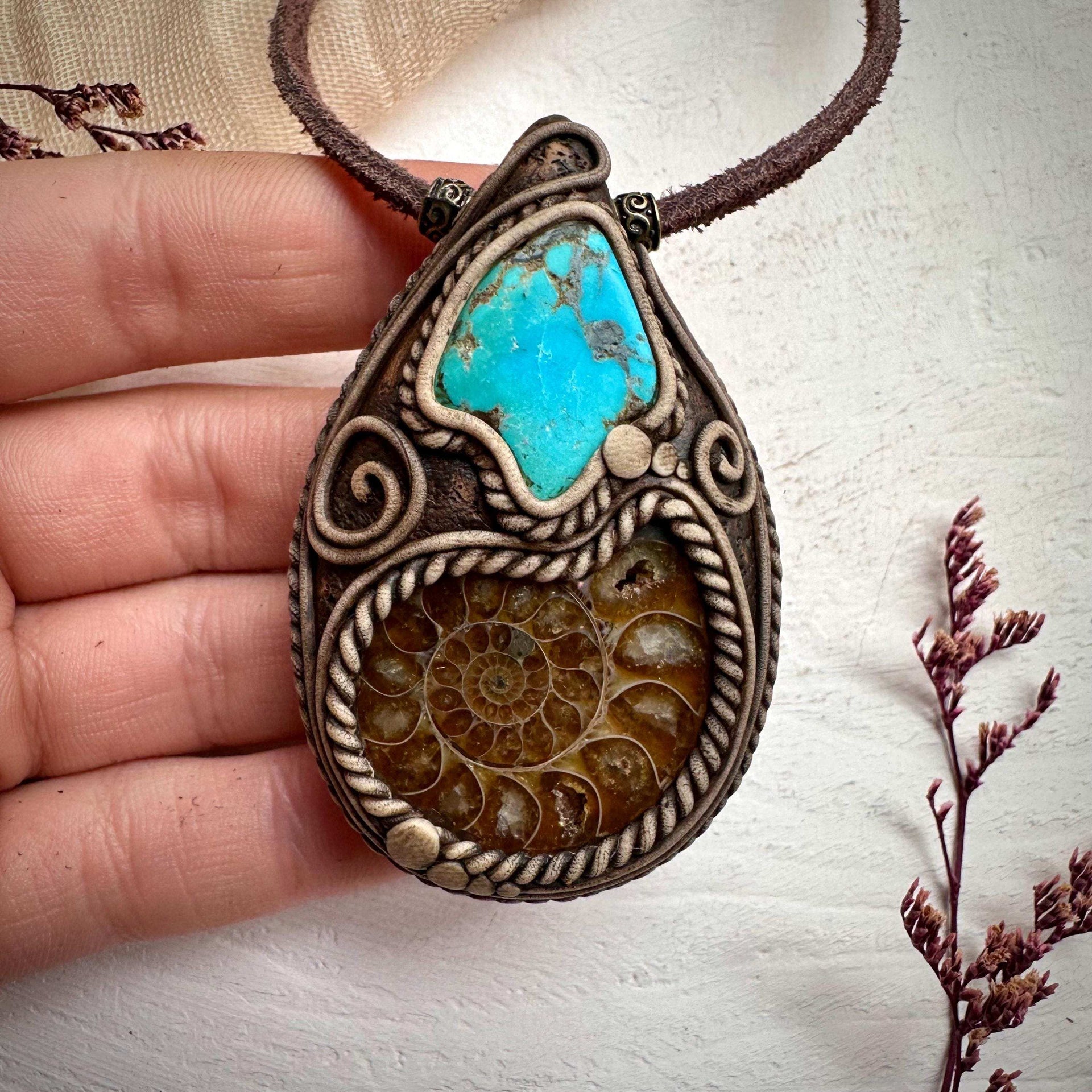 Ammonite and Turquoise Pendant Necklace - FairyGardenGlow