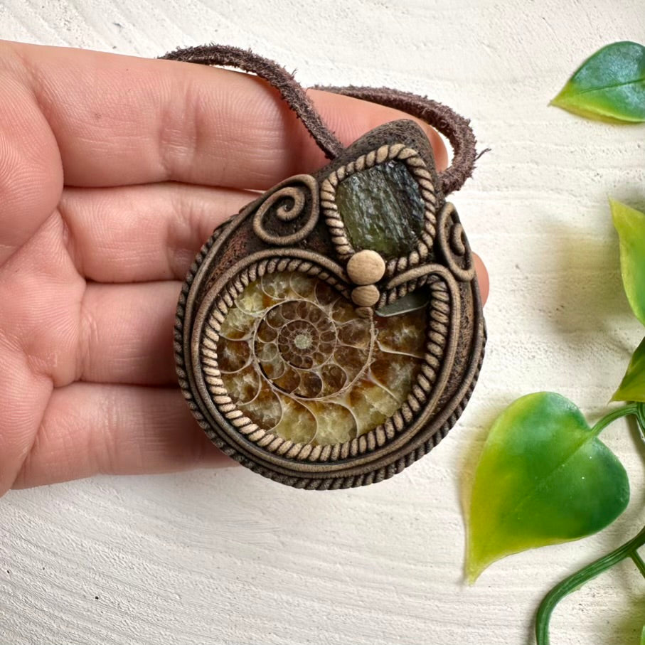 Unique handmade pendant with Ammonite and Moldavite stones