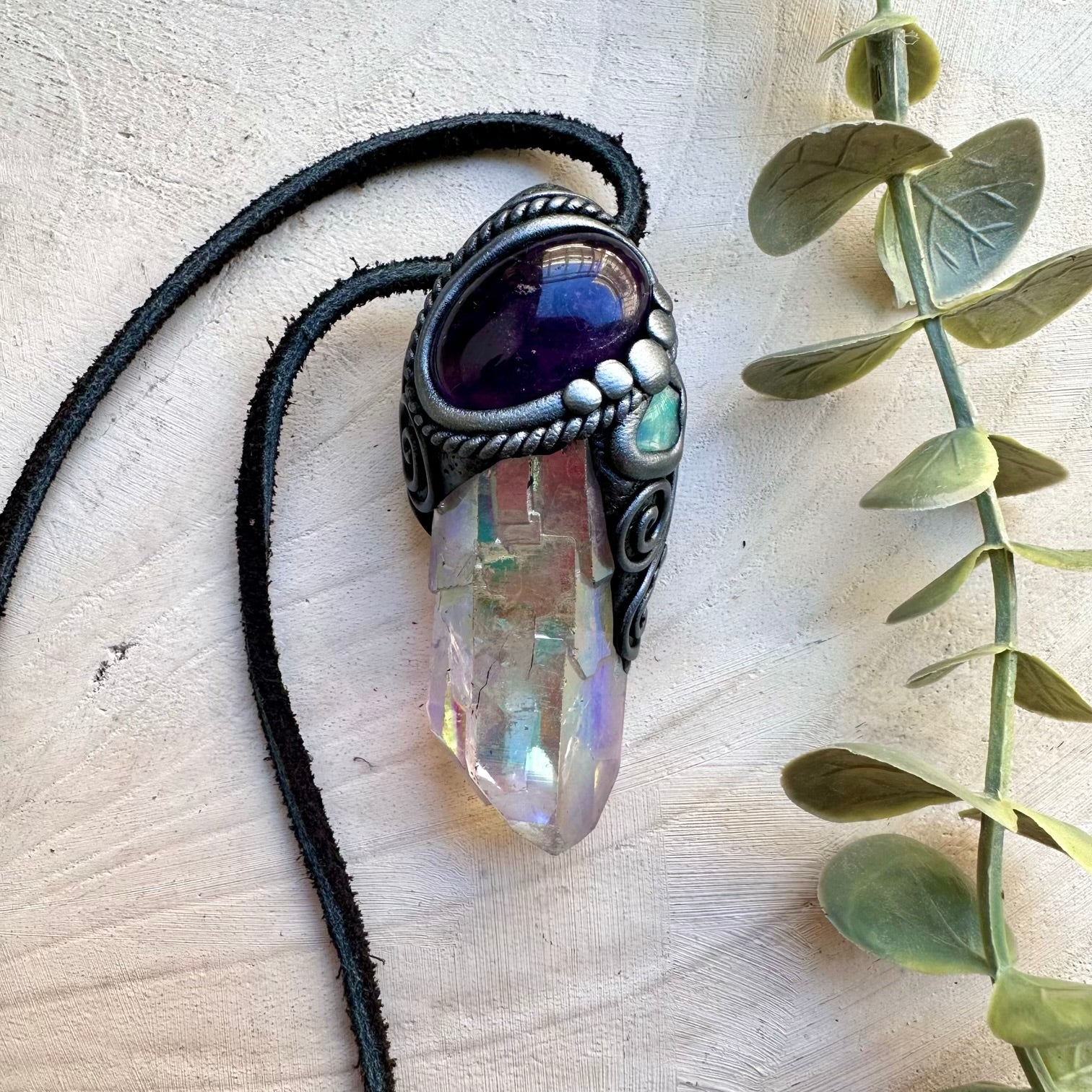 Handmade necklace featuring angel aura quartz and amethyst