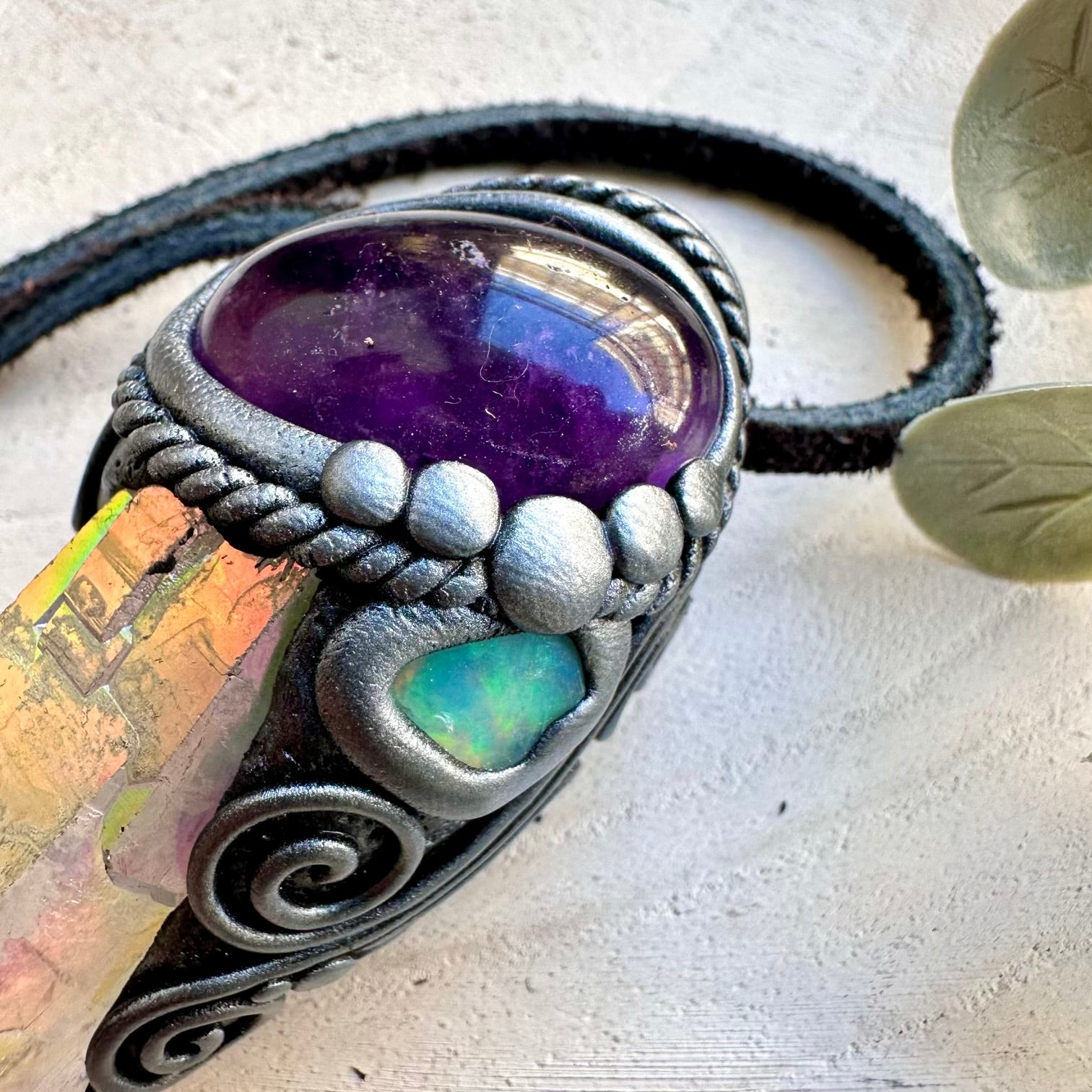 One of a kind angel aura quartz and amethyst necklace