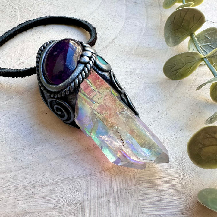 Angel aura quartz amethyst and opal spiritual talisman necklace