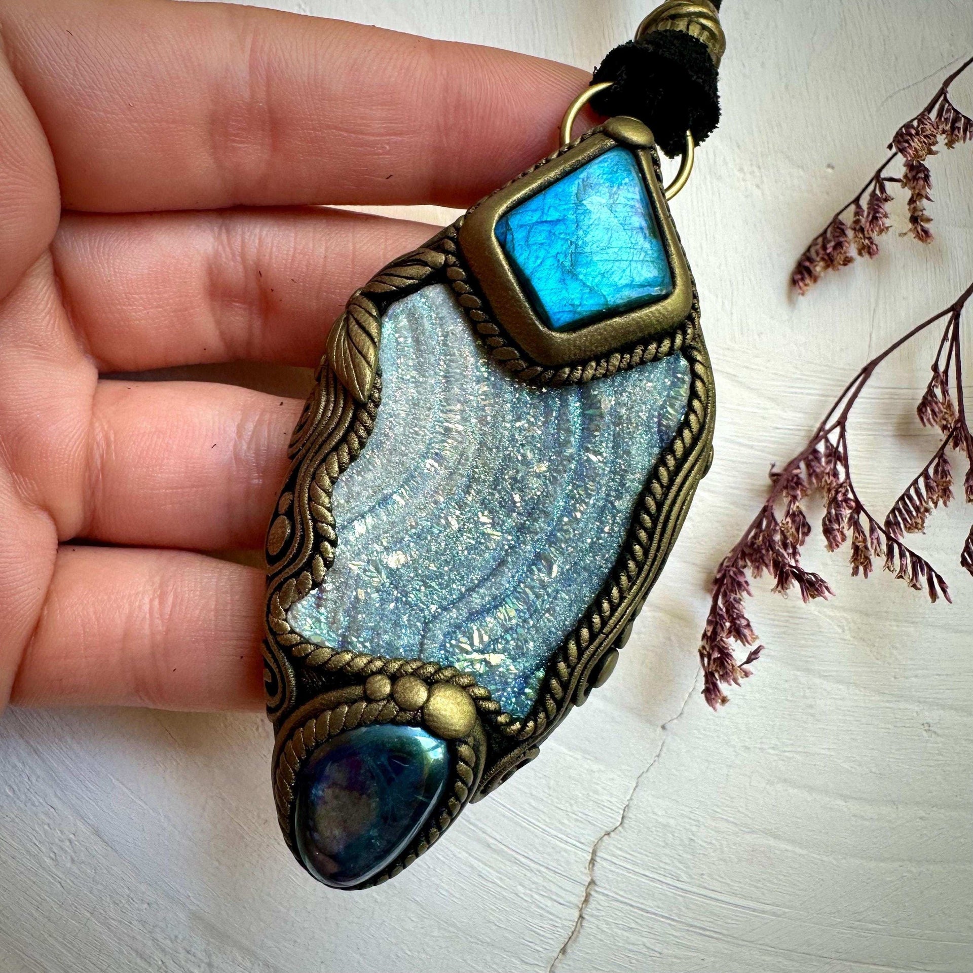 Angel Aura Chalcedony Labradorite and Aqua Aura Quartz Pendant Necklace - FairyGardenGlow