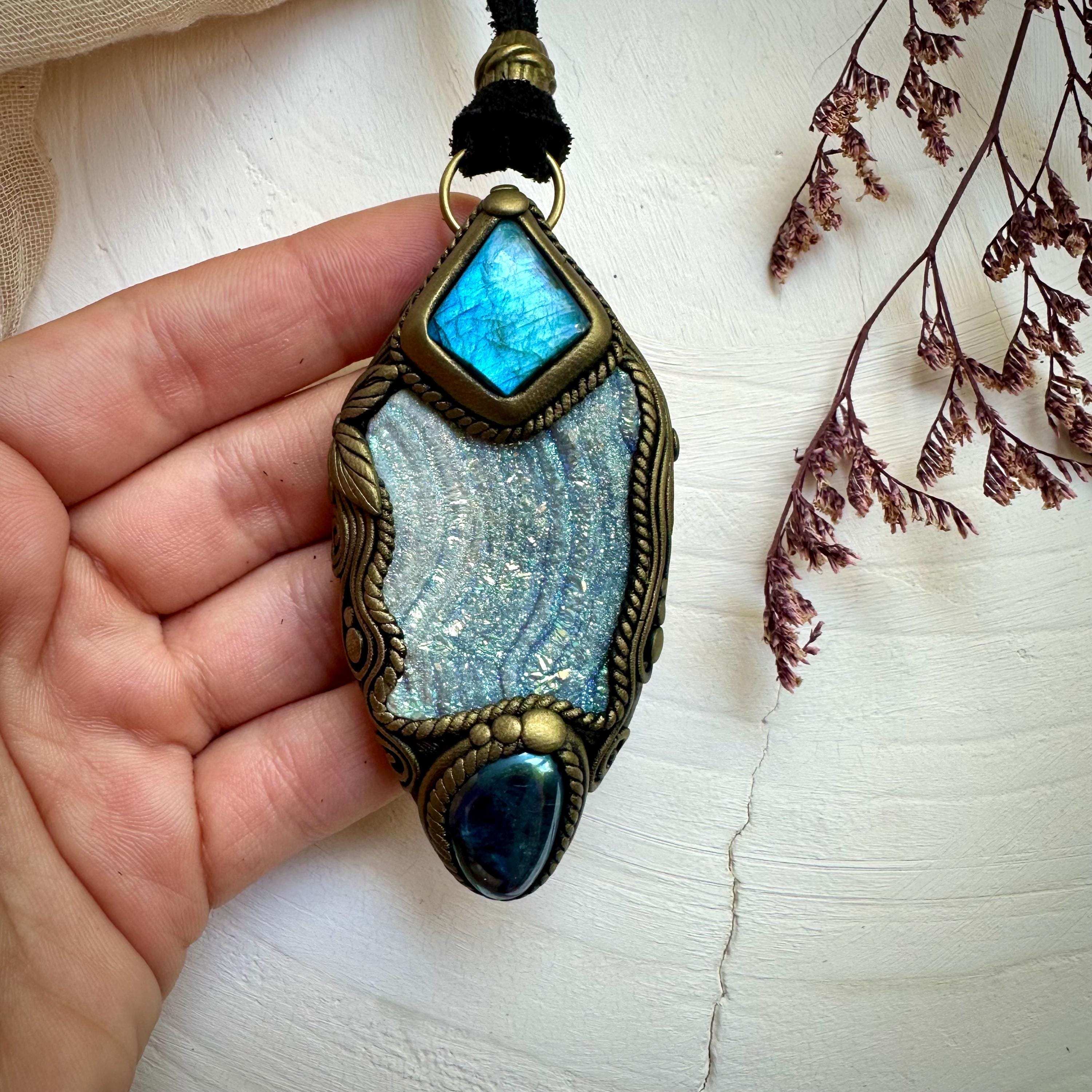 Angel Aura Chalcedony Labradorite and Aqua Aura Quartz Pendant Necklace - FairyGardenGlow