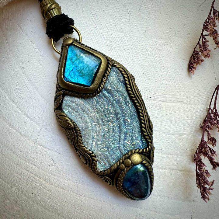 Angel Aura Chalcedony Labradorite and Aqua Aura Quartz Pendant Necklace - FairyGardenGlow