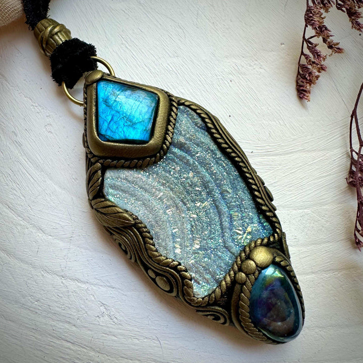 Angel Aura Chalcedony Labradorite and Aqua Aura Quartz Pendant Necklace - FairyGardenGlow