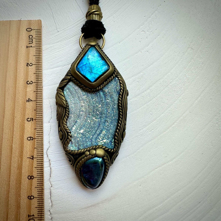 Angel Aura Chalcedony Labradorite and Aqua Aura Quartz Pendant Necklace - FairyGardenGlow