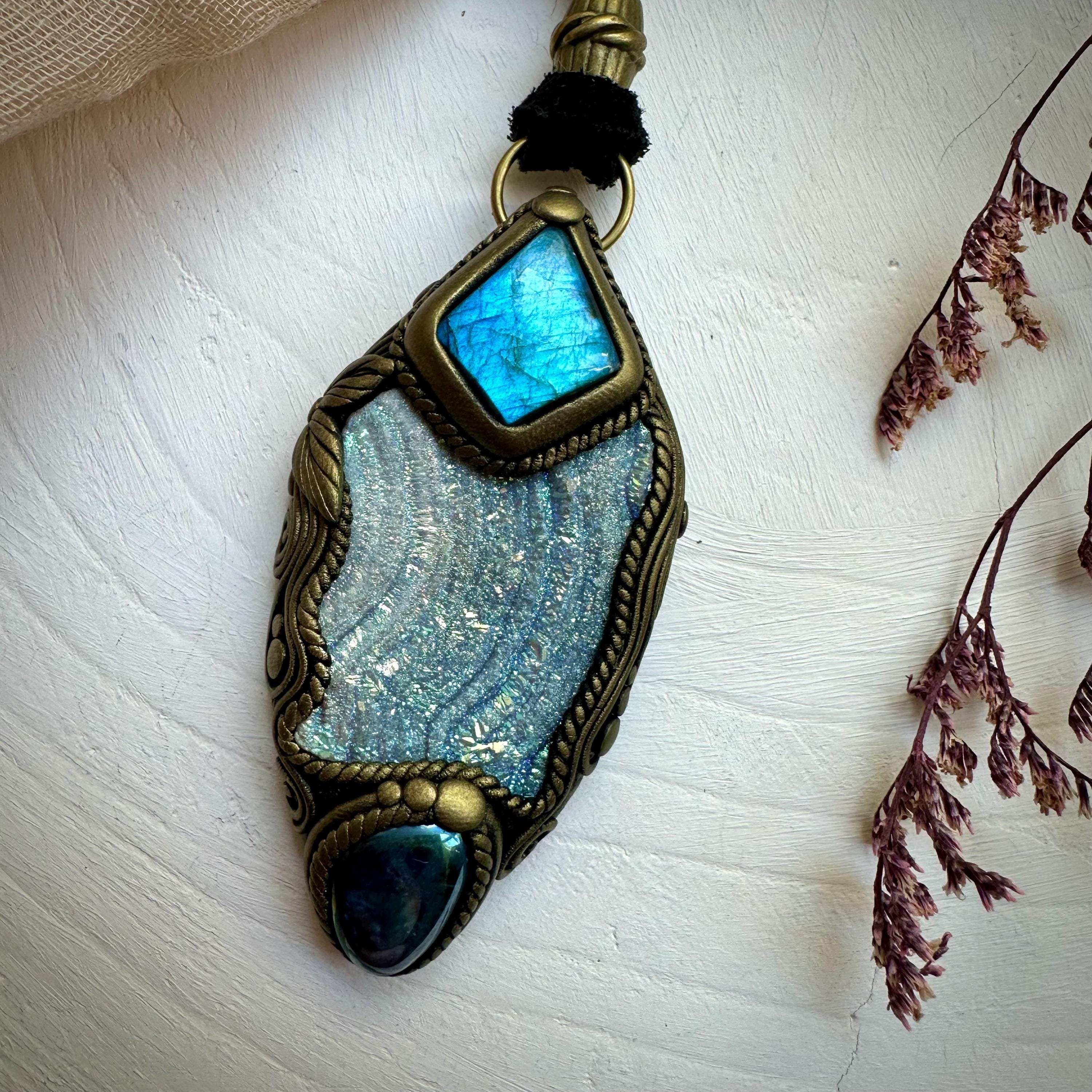 Angel Aura Chalcedony Labradorite and Aqua Aura Quartz Pendant Necklace - FairyGardenGlow