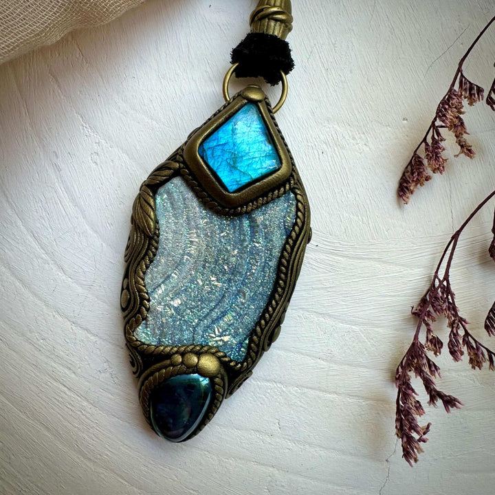 Angel Aura Chalcedony Labradorite and Aqua Aura Quartz Pendant Necklace - FairyGardenGlow
