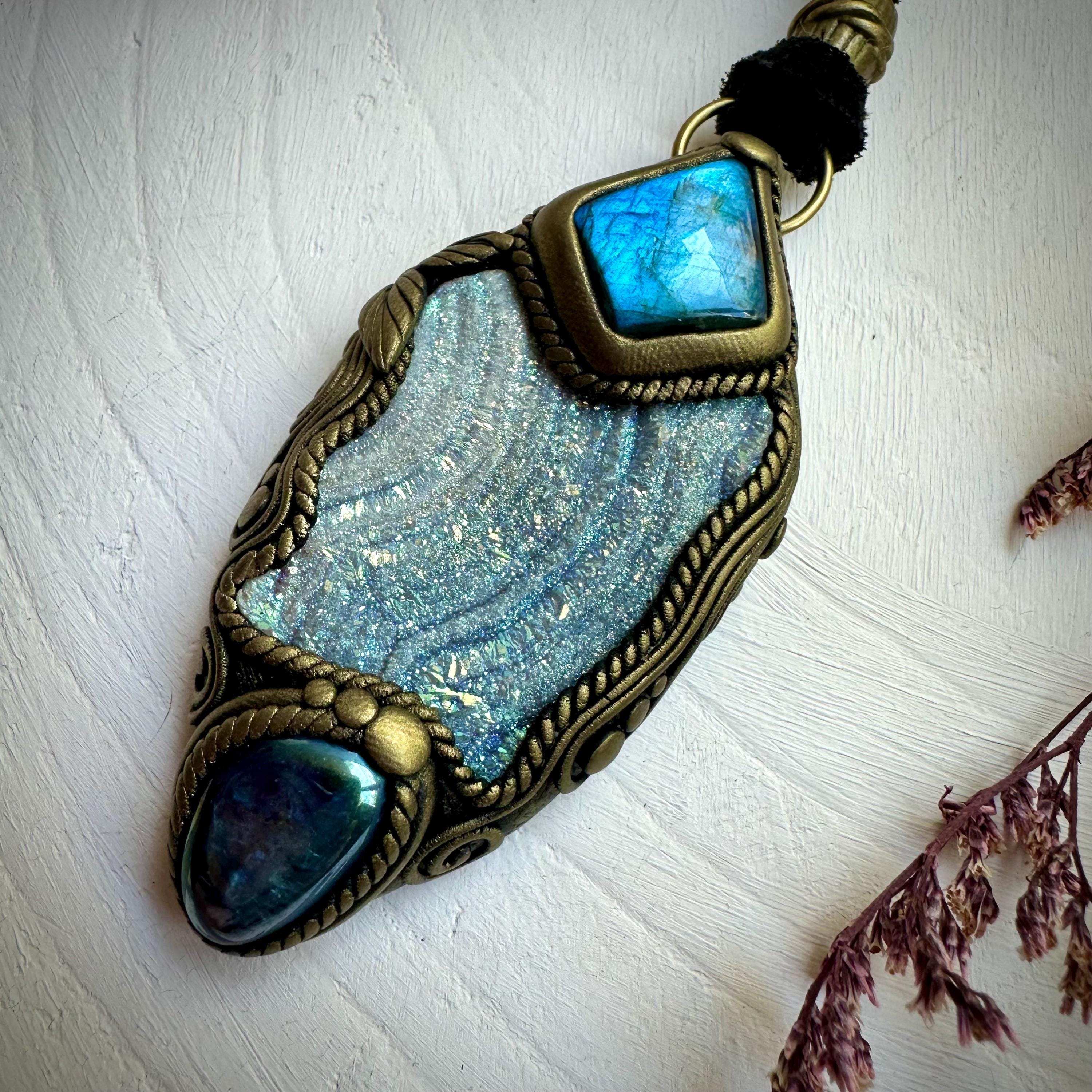 Angel Aura Chalcedony Labradorite and Aqua Aura Quartz Pendant Necklace - FairyGardenGlow
