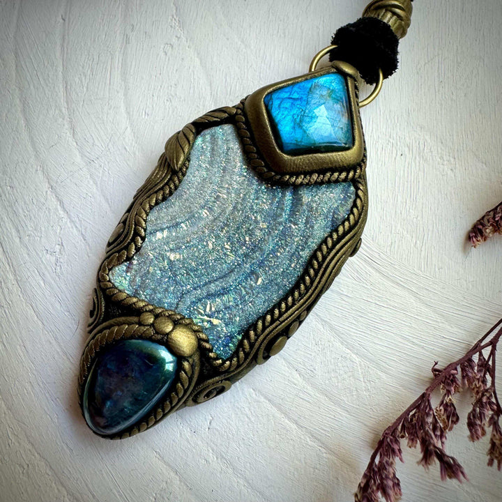 Angel Aura Chalcedony Labradorite and Aqua Aura Quartz Pendant Necklace - FairyGardenGlow