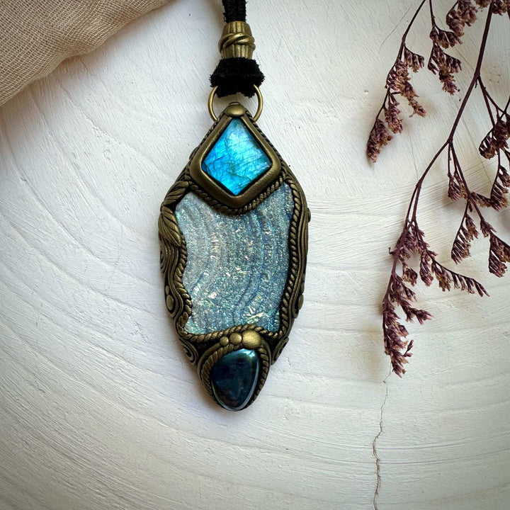 Angel Aura Chalcedony Labradorite and Aqua Aura Quartz Pendant Necklace - FairyGardenGlow