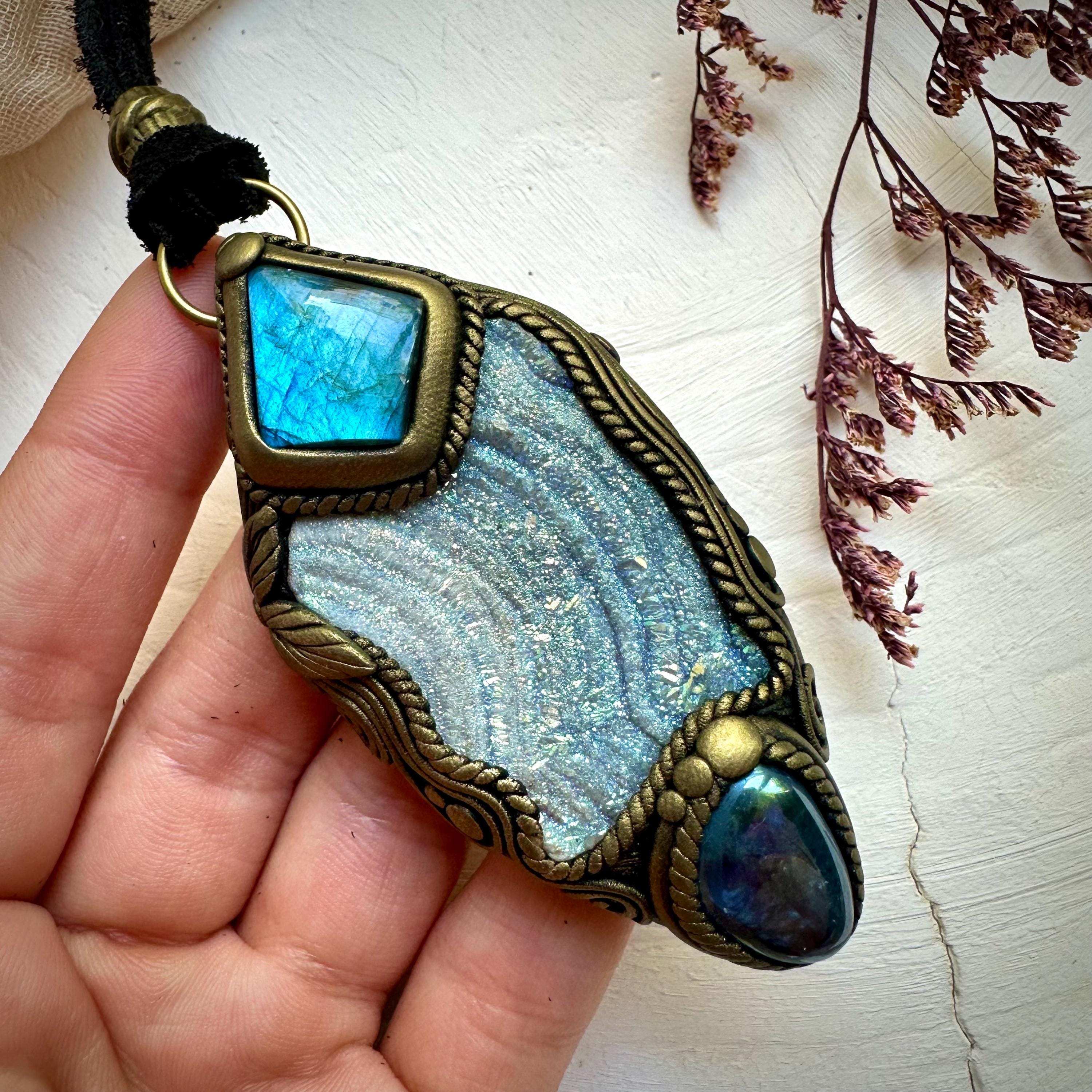Angel Aura Chalcedony Labradorite and Aqua Aura Quartz Pendant Necklace - FairyGardenGlow
