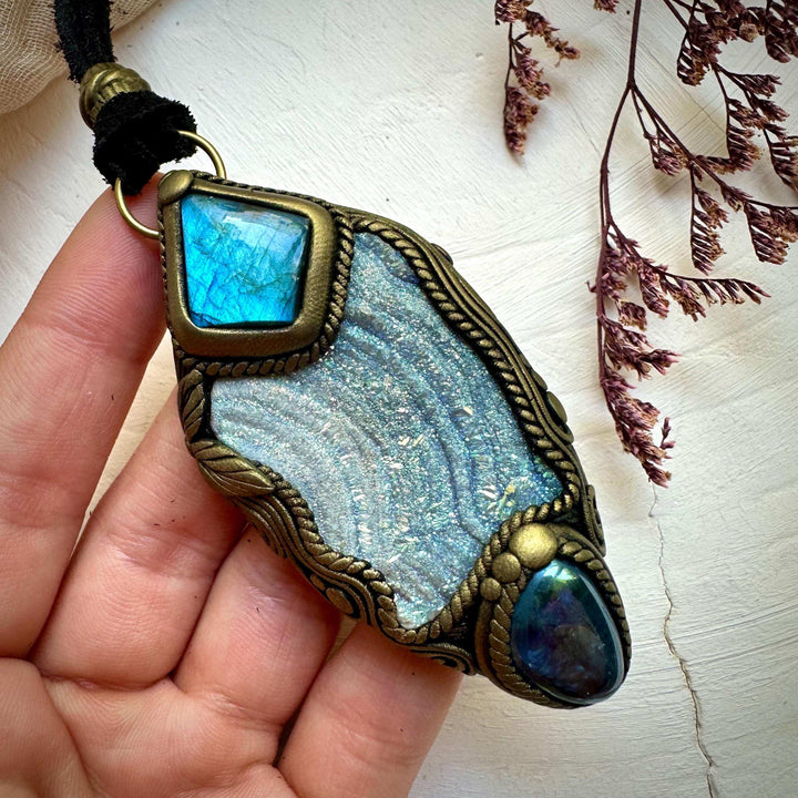 Angel Aura Chalcedony Labradorite and Aqua Aura Quartz Pendant Necklace - FairyGardenGlow