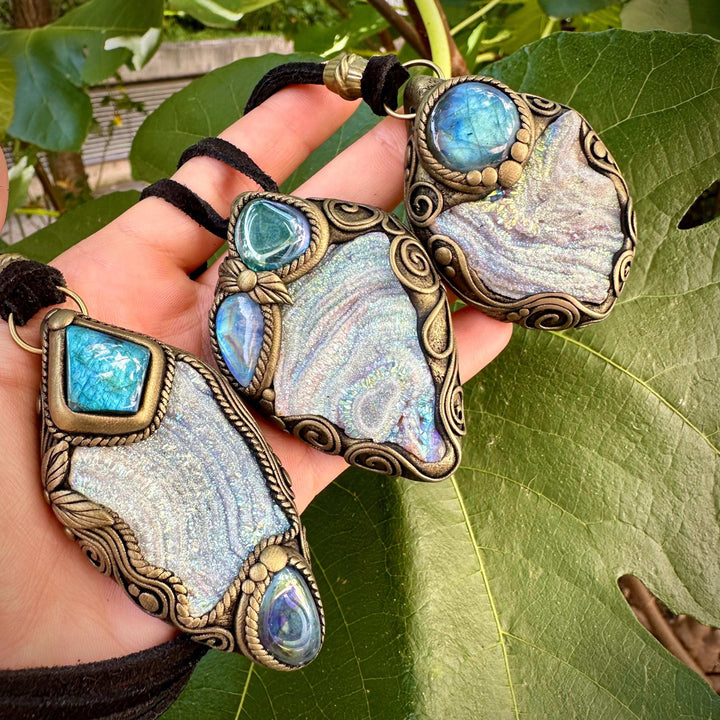 Angel Aura Chalcedony Labradorite and Aqua Aura Quartz Pendant Necklace - FairyGardenGlow