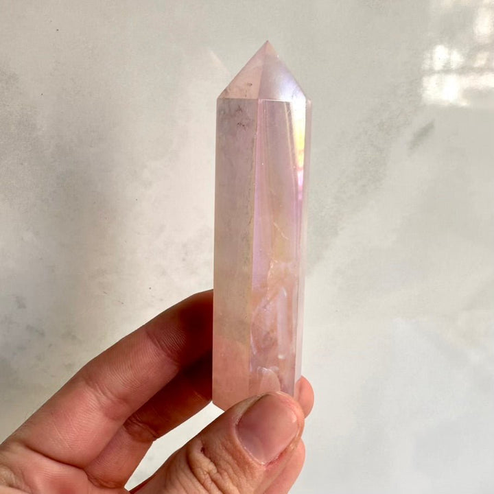 Angel Aura Rose Quartz Tower – Polished Aura Rose Quartz Crystal Point for Love, Peace & Emotional Healing - FairyGardenGlow