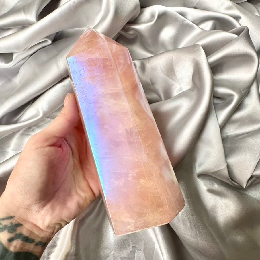 Angel Aura Rose Quartz Tower – Unique Polished Pink Crystal Point for Love, Peace & Spiritual Harmony - FairyGardenGlow