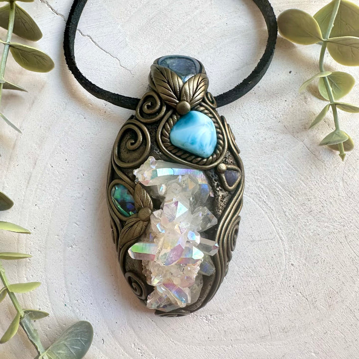 Angel Aura Quartz Cluster pendant necklace handcrafted with Aqua Aura Quartz, Larimar, Abalone Seashell and Raw Tanzanite.