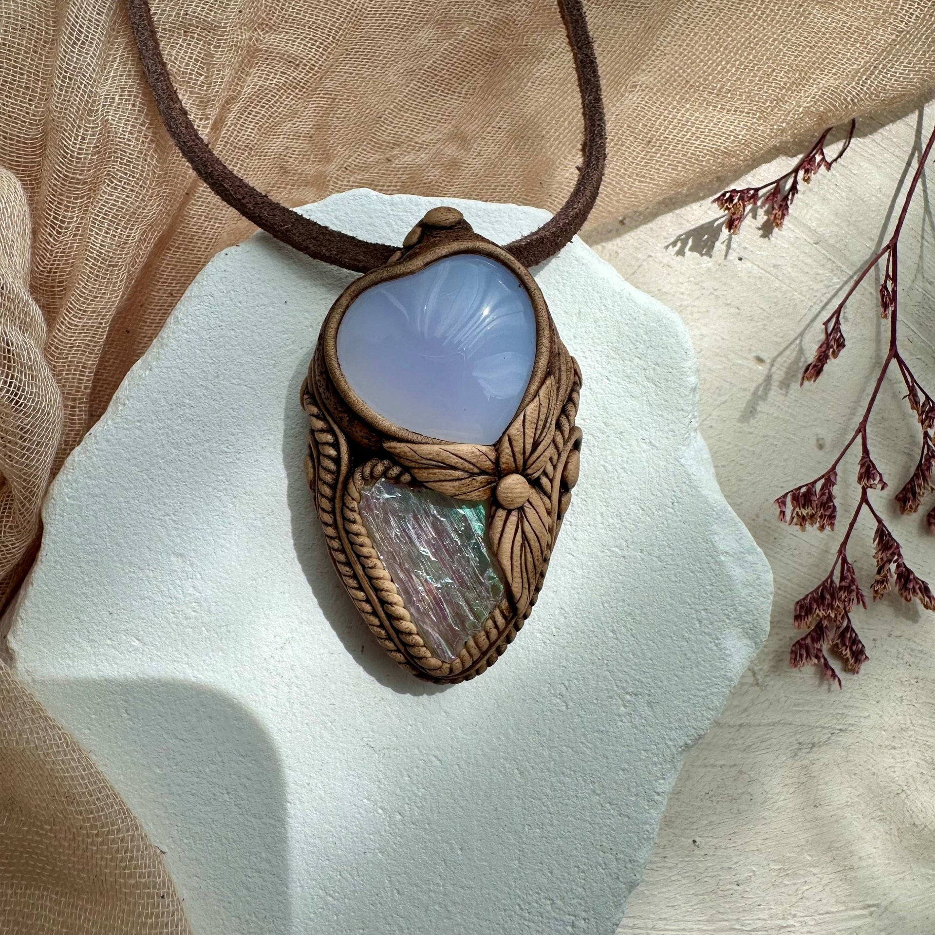Angel Aura Kunzite and Blue Chalcedony Heart Pendant - FairyGardenGlow