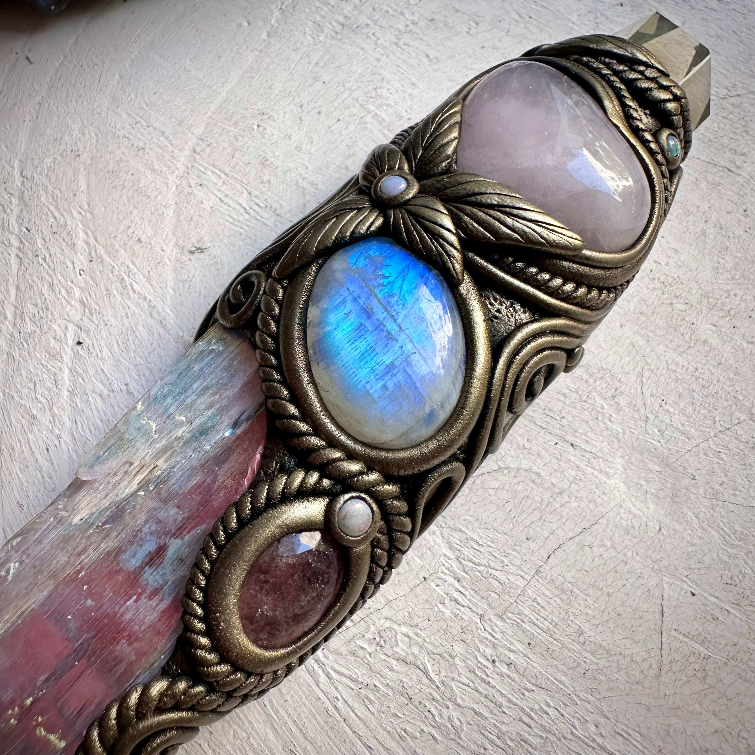 Angel Aura Kunzite with Citrine Point Rose Quartz Heart Strawberry Quartz Rainbow Moonstone and Australian Opal Wand - FairyGardenGlow