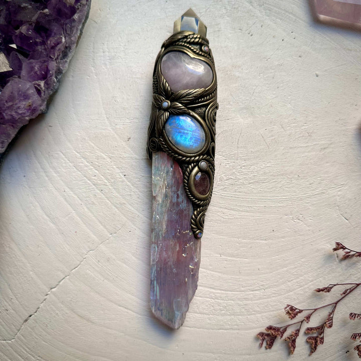 Angel Aura Kunzite with Citrine Point Rose Quartz Heart Strawberry Quartz Rainbow Moonstone and Australian Opal Wand - FairyGardenGlow