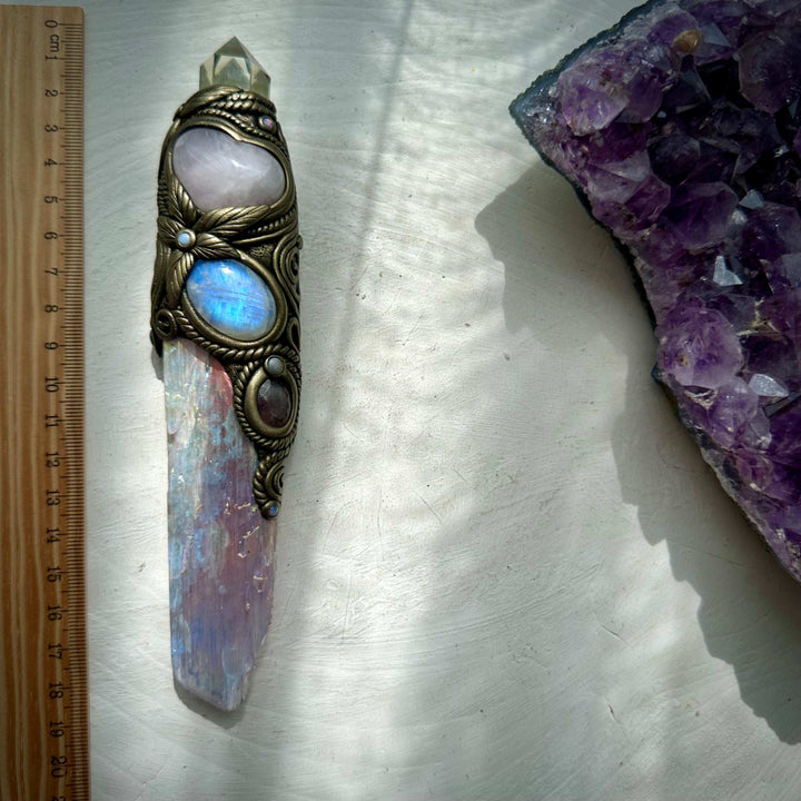 Angel Aura Kunzite with Citrine Point Rose Quartz Heart Strawberry Quartz Rainbow Moonstone and Australian Opal Wand - FairyGardenGlow