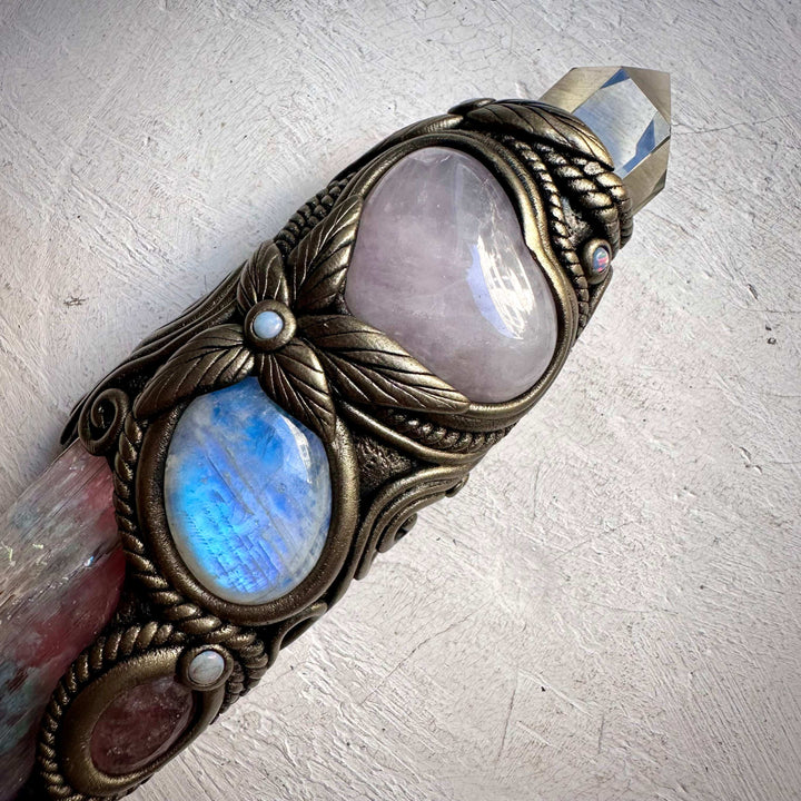 Angel Aura Kunzite with Citrine Point Rose Quartz Heart Strawberry Quartz Rainbow Moonstone and Australian Opal Wand - FairyGardenGlow