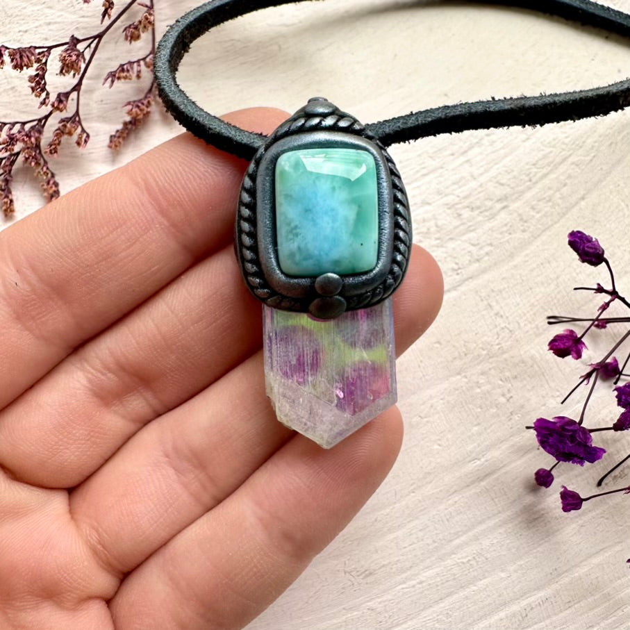 Unique gemstone amulet – Angel Aura Kunzite and Larimar