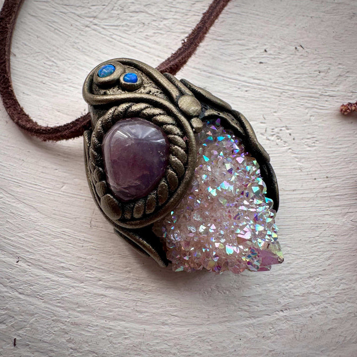 Angel Aura Spirit Quartz Lavender Quartz and Australian Opal Pendant Necklace - FairyGardenGlow