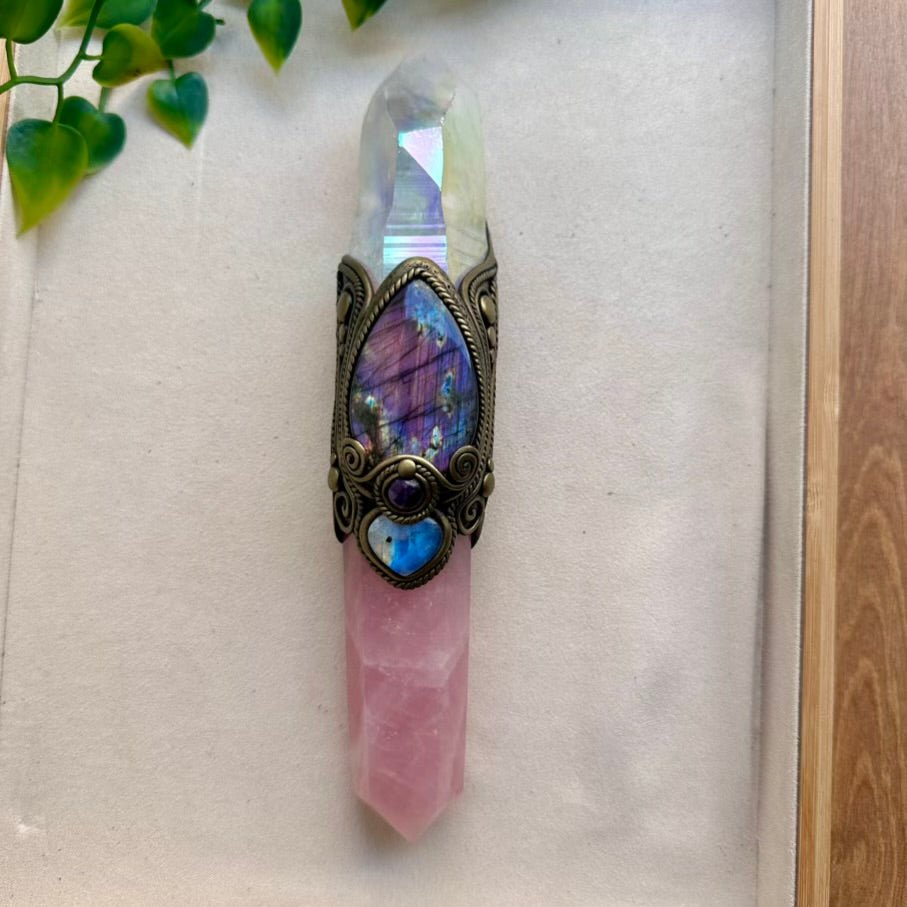 Large Healing Crystal Wand with Angel Aura Lemurian Quartz, Rose Quartz, Purple Labradorite, Rainbow Moonstone and Amethyst - FairyGardenGlow