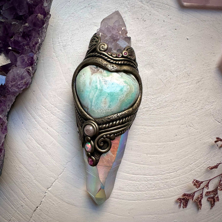 Angel Aura Lemurian Quartz Spirit Quartz Caribbean Calcite Heart Morganite Opal Spinel and Ruby Wand - FairyGardenGlow