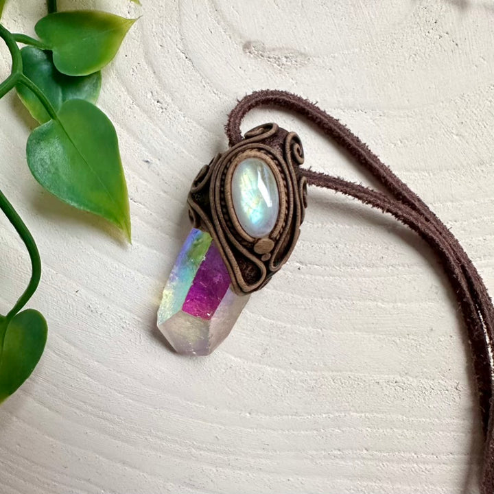 Spiritual necklace featuring Angel Aura Quartz and Moonstone