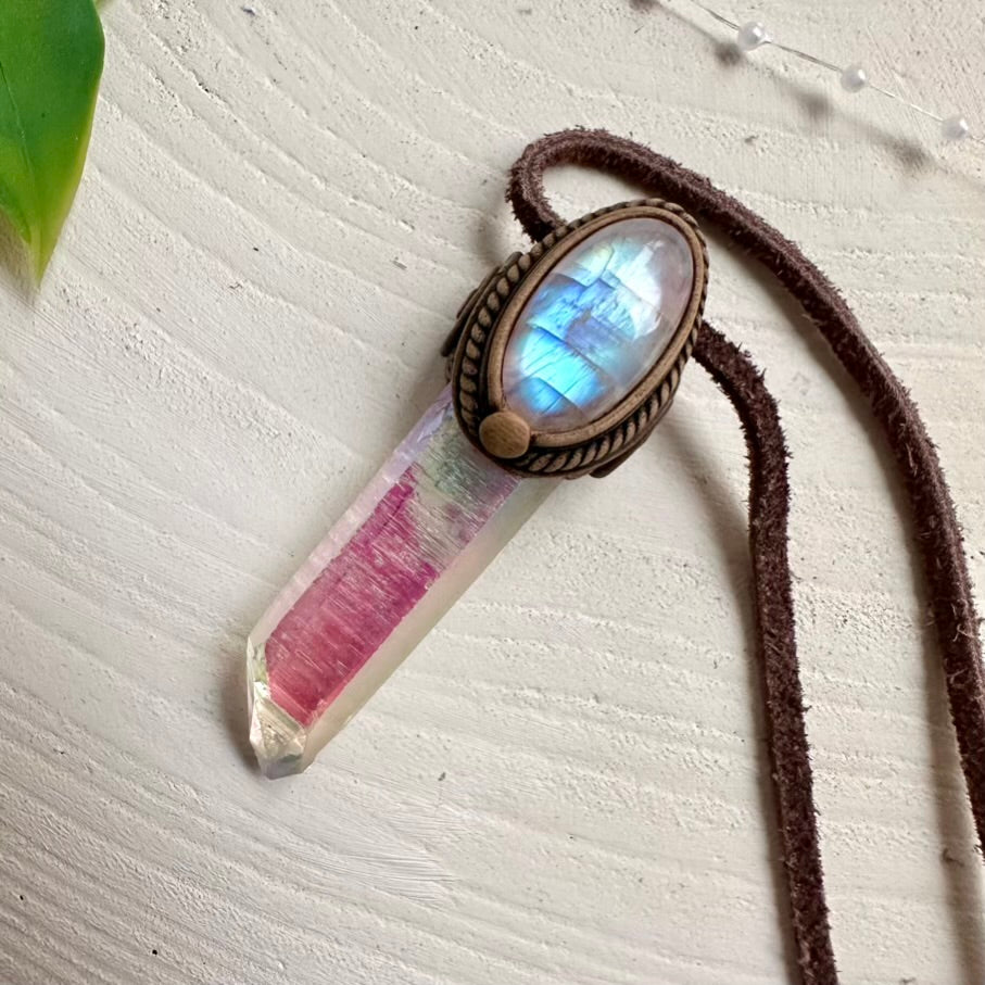 Handcrafted necklace featuring Angel Aura Quartz and Rainbow Moonstone