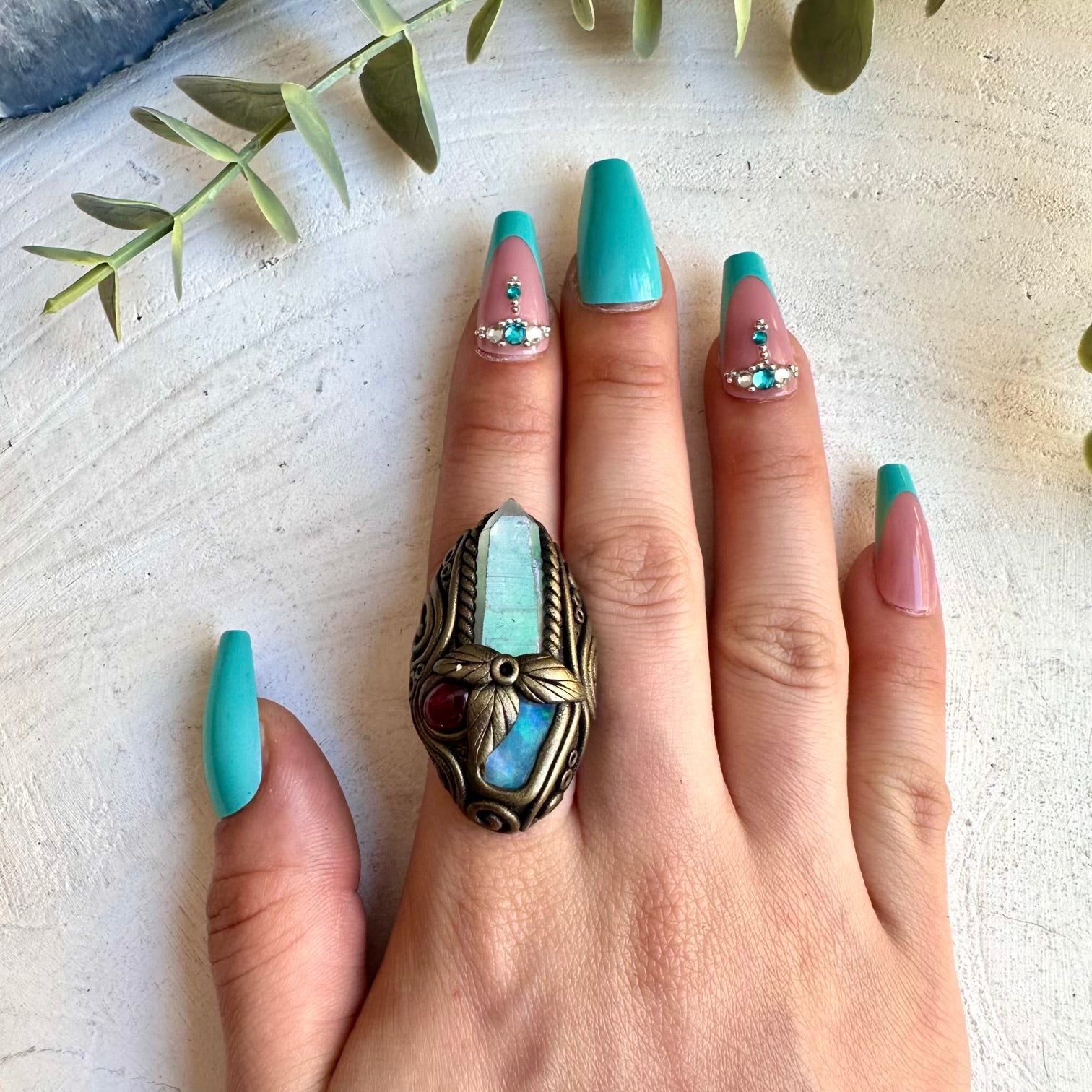 Healing crystal ring with opal and rhodolite garnet