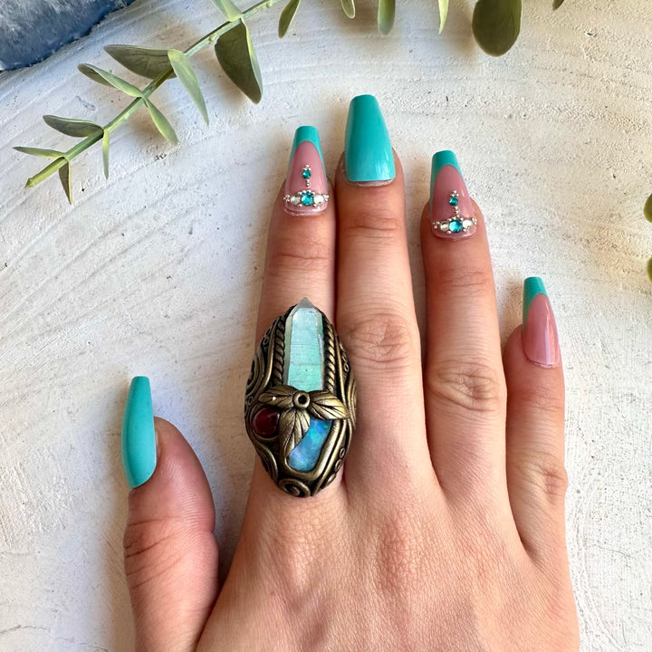 Healing crystal ring with opal and rhodolite garnet