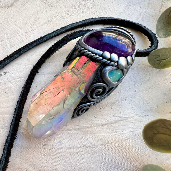 Natural gemstone jewelry necklace with angel aura quartz and opal